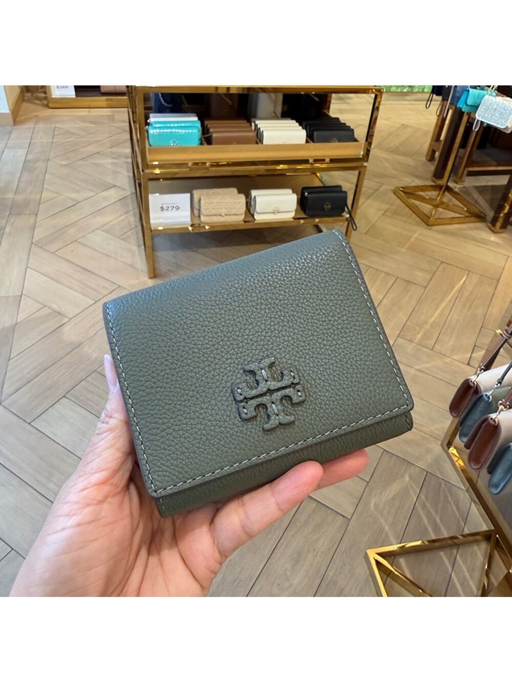 Tory Burch Thea Compact Wallet Pebbled Leather 169967 Soft Foliage $185